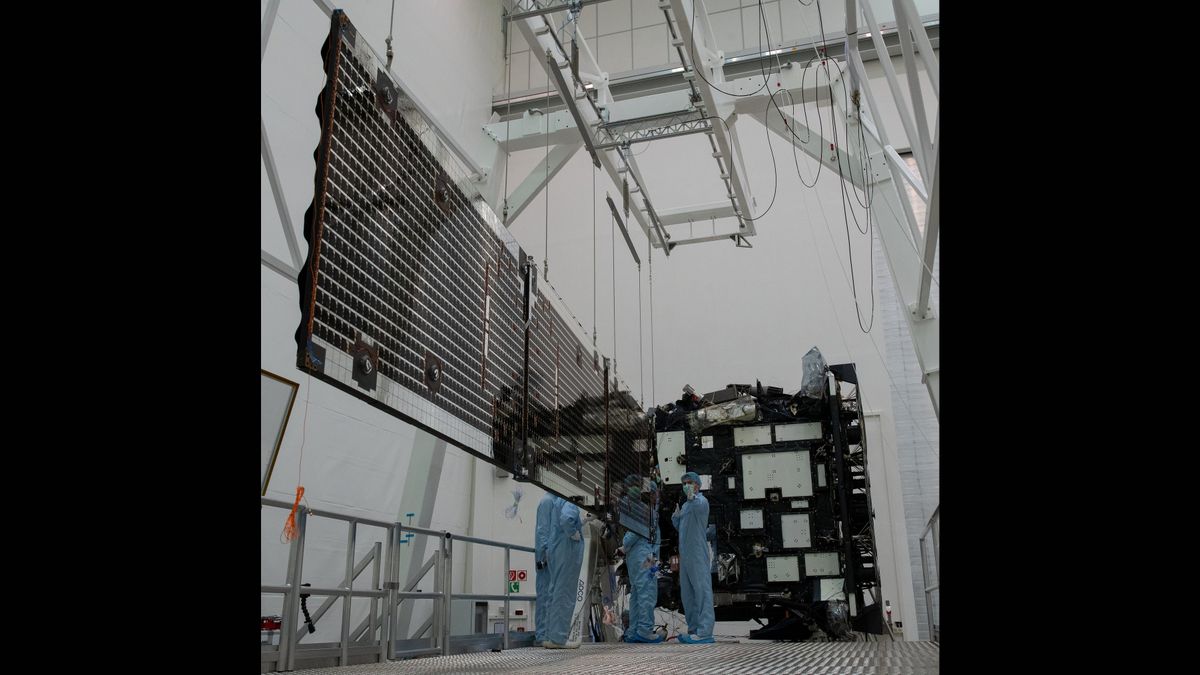 The European Space Agency's Solar Orbiter undergoes a solar array deployment test at the IABG facilities in Ottobrunn, Germany on March 21, 2019. The solar panels are suspended from above to simulate the weightlessness of space.