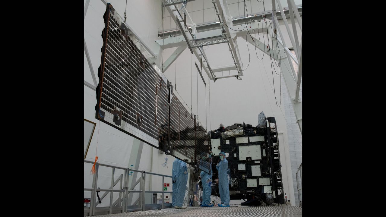 The European Space Agency's Solar Orbiter undergoes a solar array deployment test at the IABG facilities in Ottobrunn, Germany on March 21, 2019. The solar panels are suspended from above to simulate the weightlessness of space.