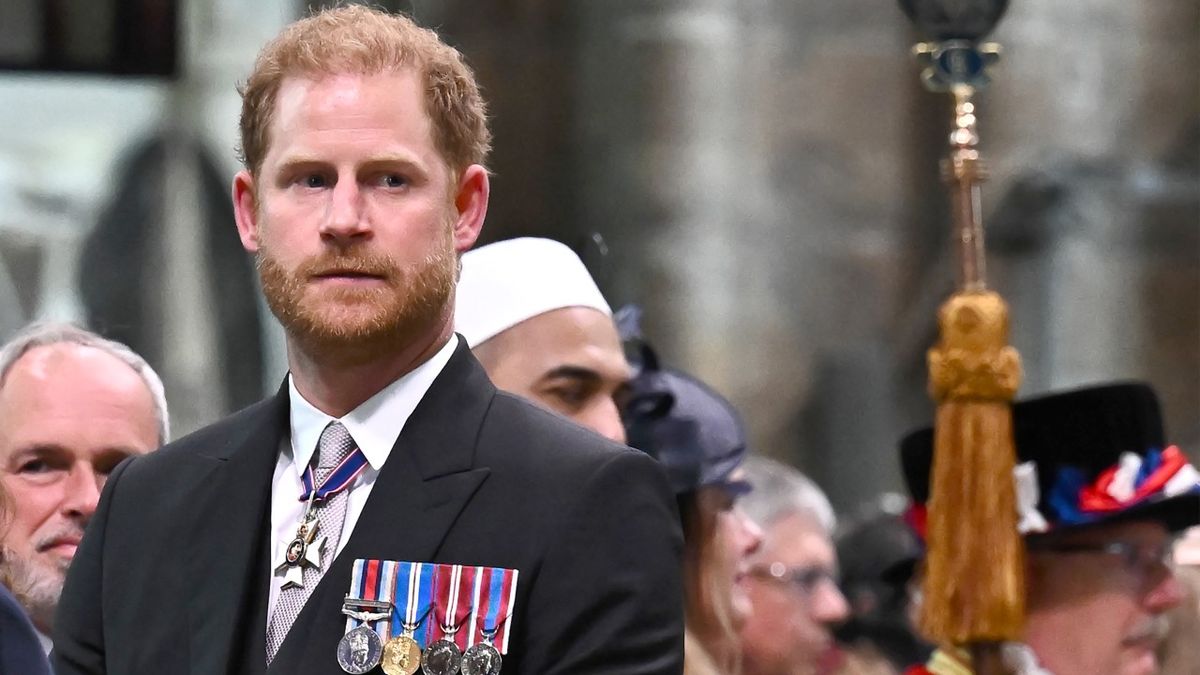 Prince Harry looking into the distance at King Charles coronation.