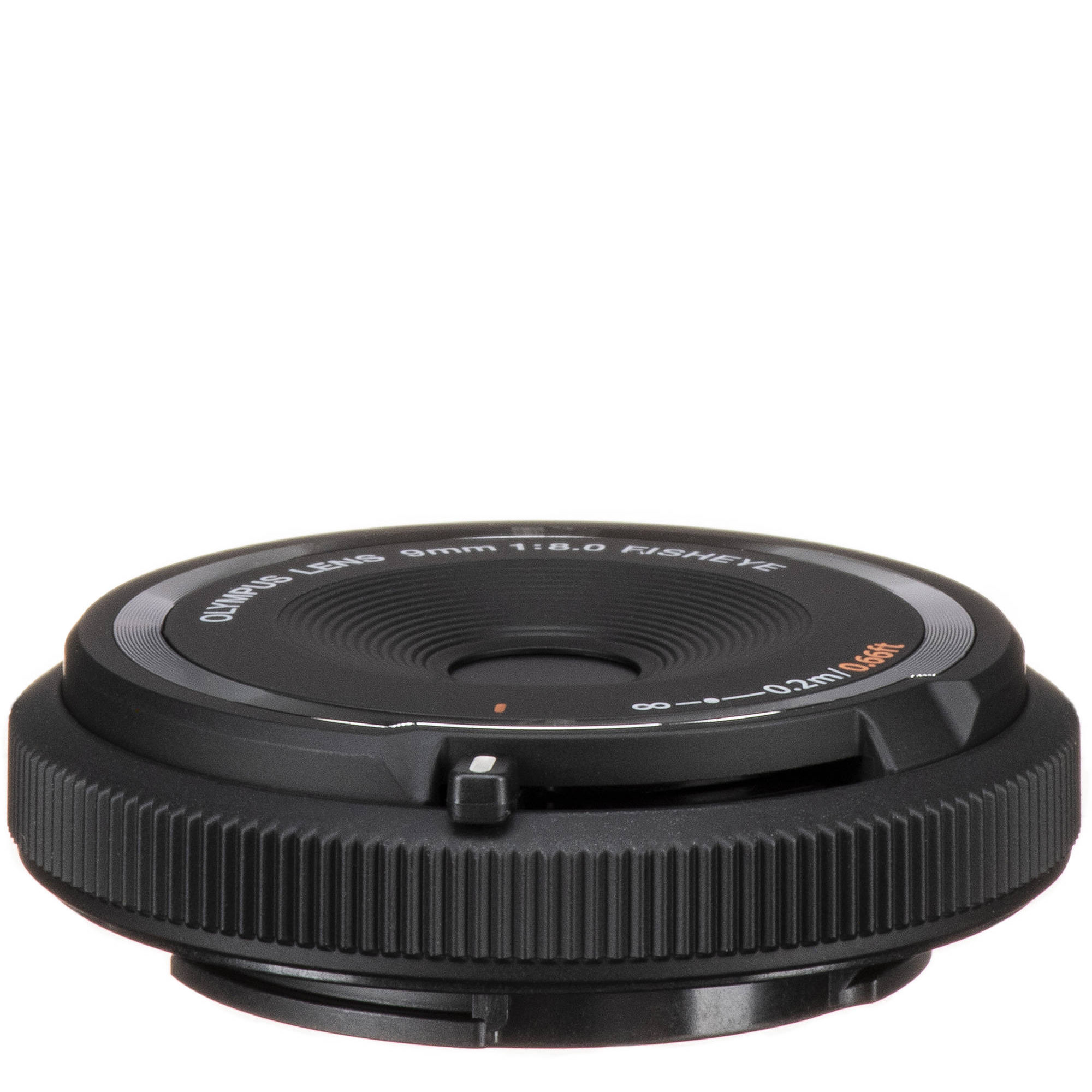 Olympus 9mm f/8 Fisheye Body Cap lens on white background