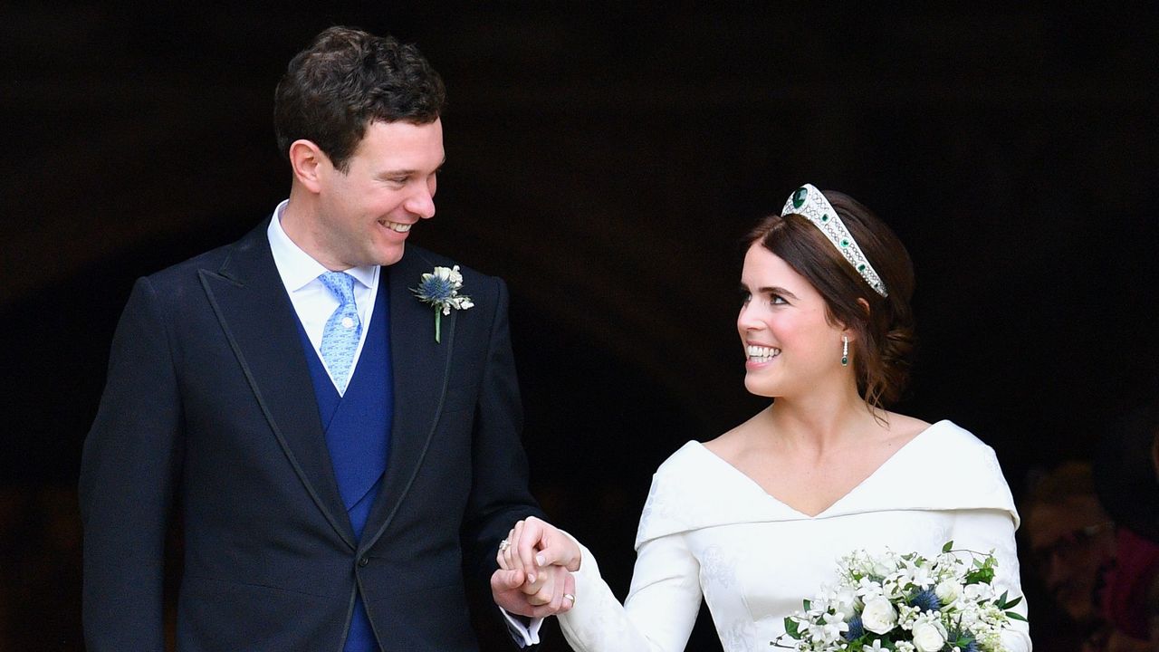 windsor, united kingdom october 12 embargoed for publication in uk newspapers until 24 hours after create date and time jack brooksbank and princess eugenie leave st george&#039;s chapel after their wedding ceremony on october 12, 2018 in windsor, england photo by poolmax mumbygetty images