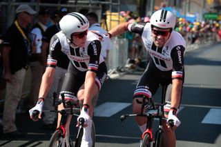 Team Sunweb's Tom Dumoulin celebrates with Chad Haga after putting in a solid TTT at the Tour de France