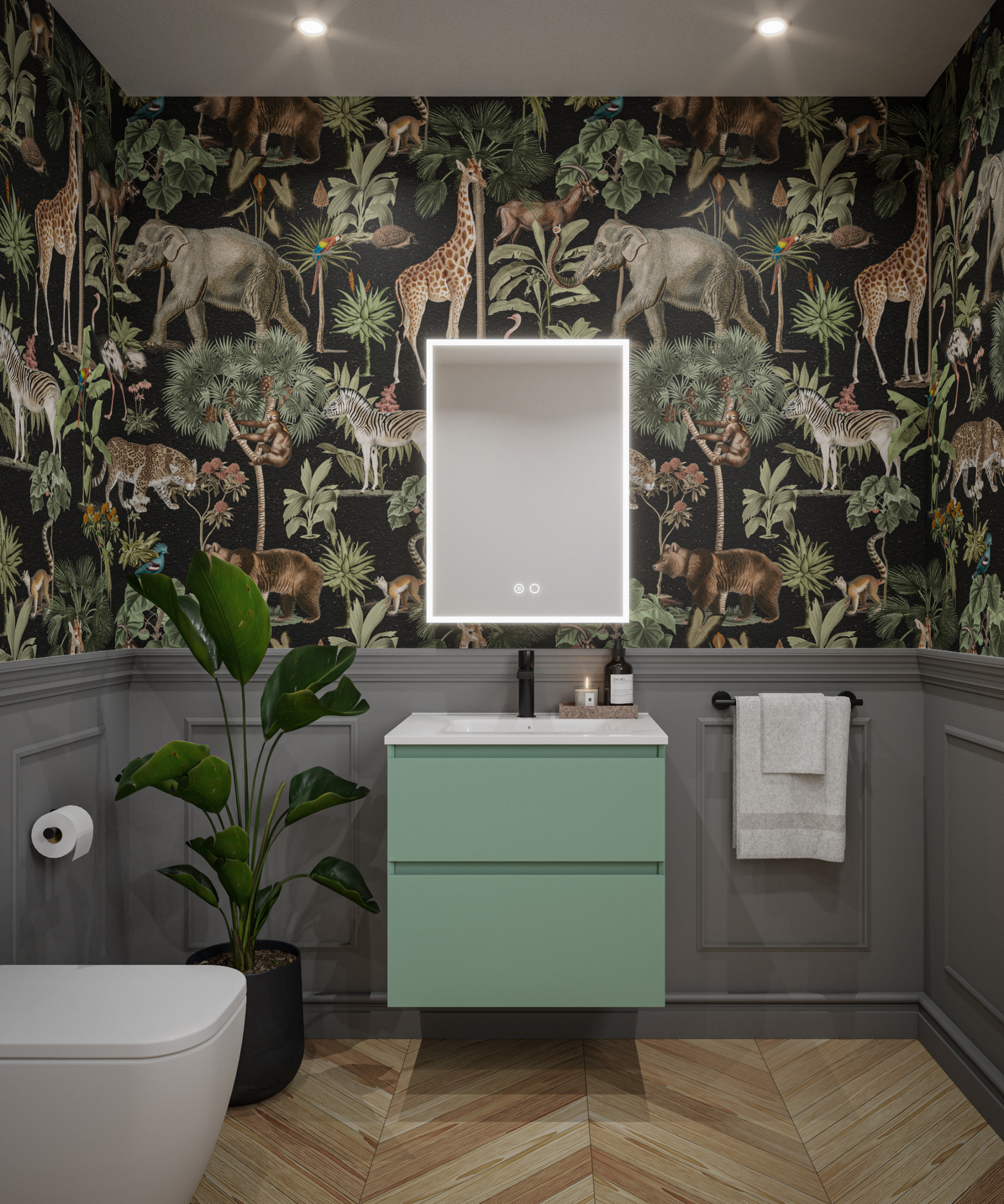 half wall panelling in grey with jungle inspired wallpaper above, green wall mounted vanity unit