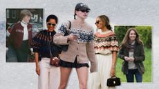 A collage of Princess Diana, Tamu McPherson, Hailey Bieber, a fashion week guest, and Kate Middleton wearing Fair Isle sweaters on a background of snow