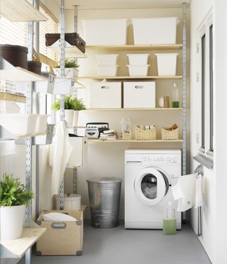 Utility room design as a laundry area with open shelving for storage