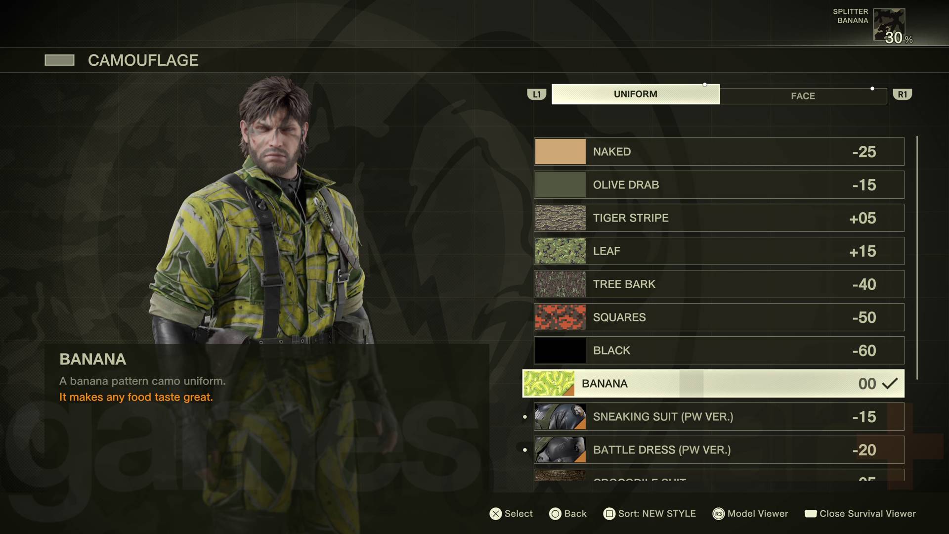 Metal Gear Solid Delta new game question banana uniform in camouflage menu
