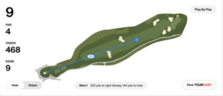 Screenshot showing Tiger Woods' drive down the 9th hole in round one of the Genesis Invitational