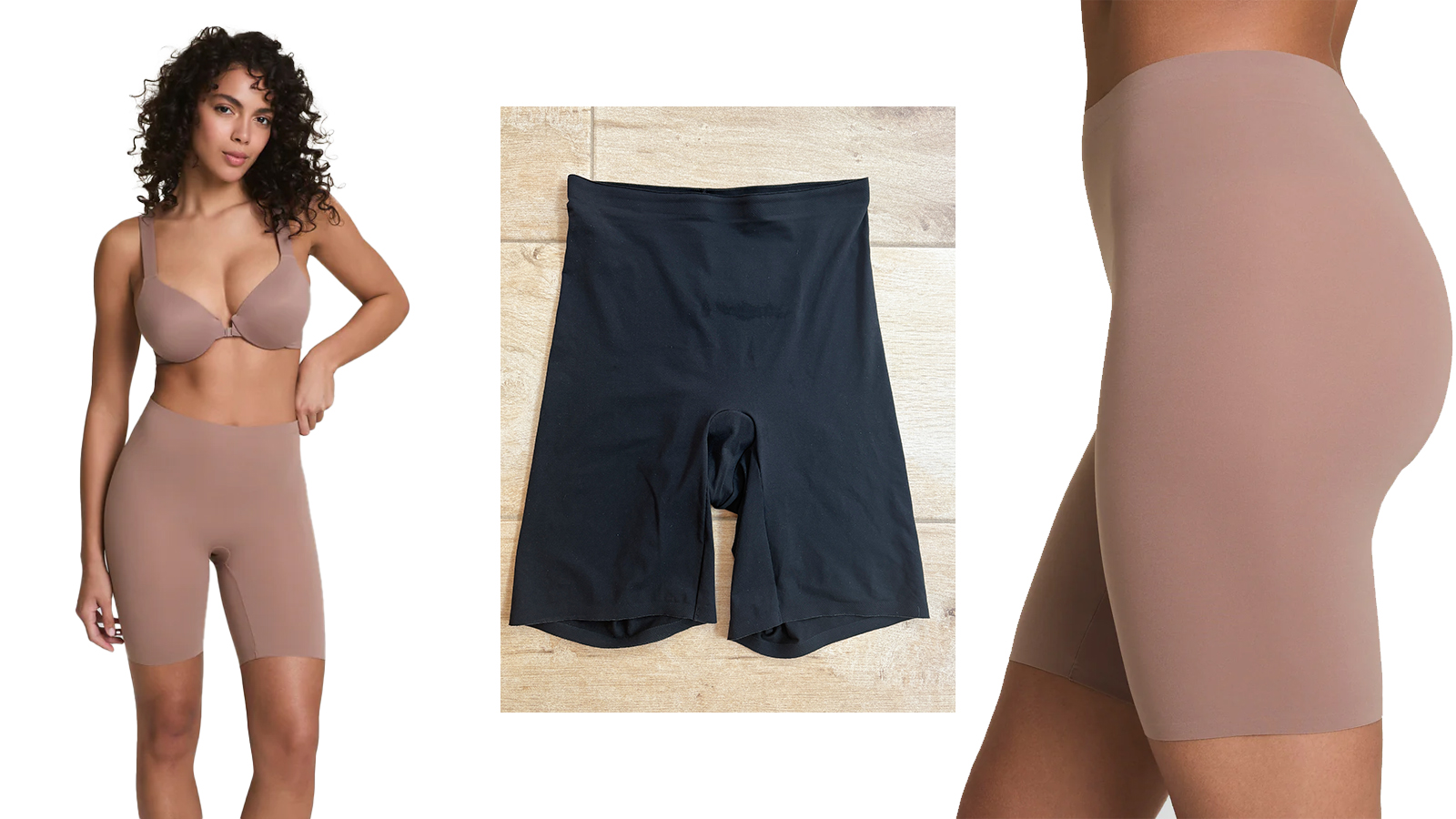 composite image of a model wearing anti-chafe shorts from Spanx and cut out imagery