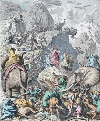 An artist's rendering shows Hannibal's long and dangerous route through the Alps.