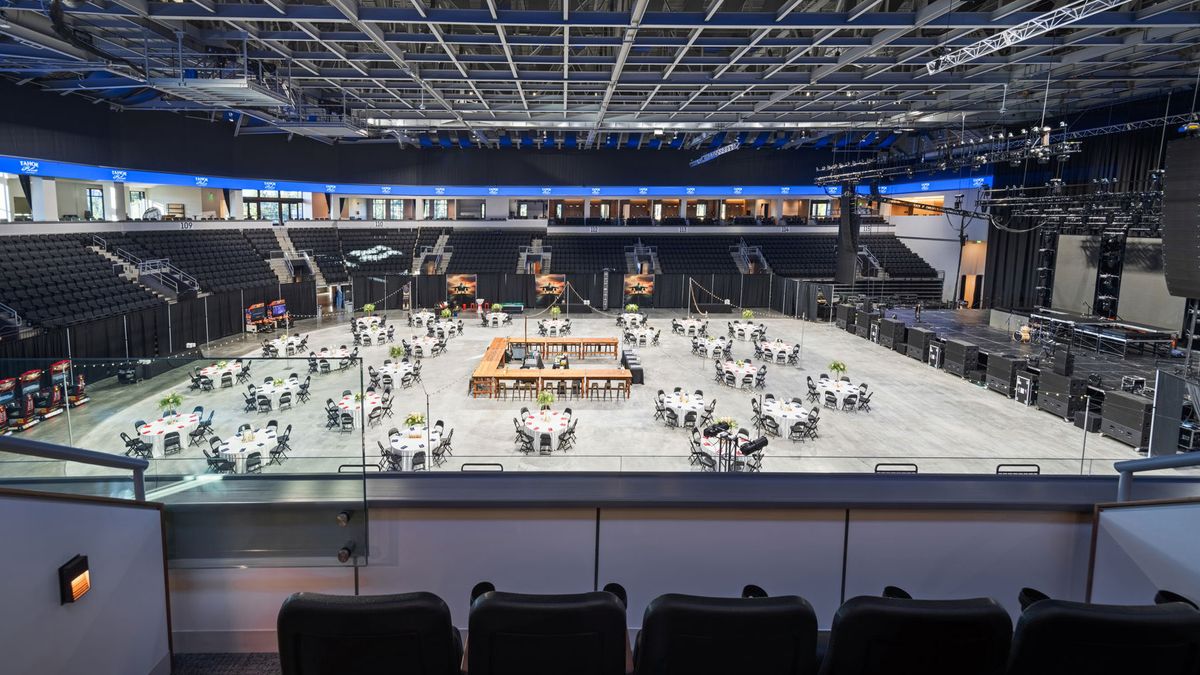 The ice-hockey arena floor set up for a trade show at a Tahoe event center.