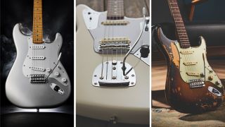 Collage of Fender H.E.R., Johnny Marr and Mike McCready signature guitars
