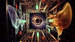 3D illustration of Symbol of an eye , butterflies and mathematical formulas on the subject of AI hallucinations.