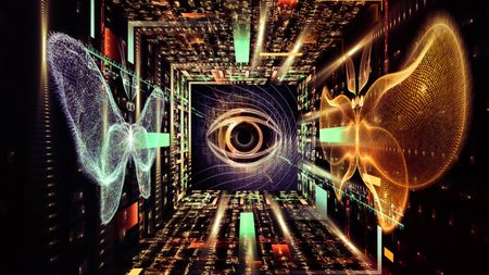 3D illustration of Symbol of an eye , butterflies and mathematical formulas on the subject of AI hallucinations.