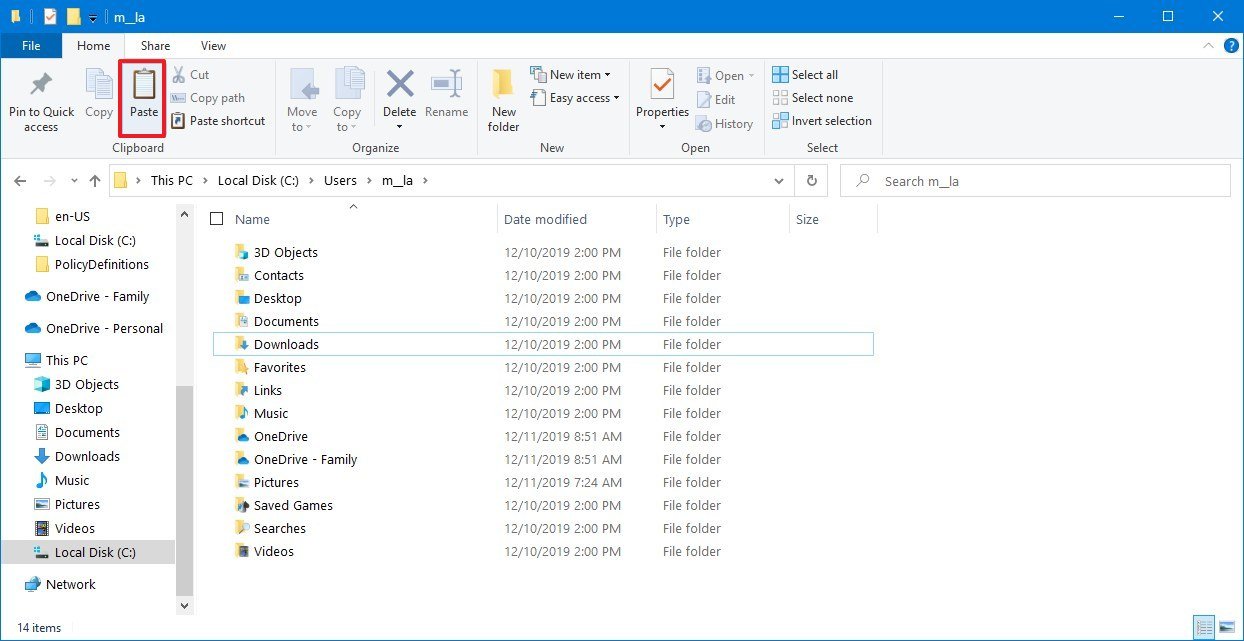 Paste files new account on Windows 10