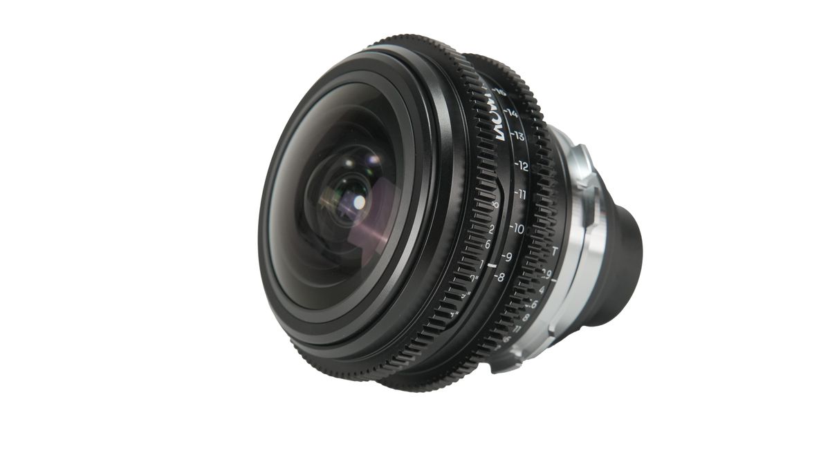 The Laowa 8-15 T/2.9 fisheye cinema lens on a white background