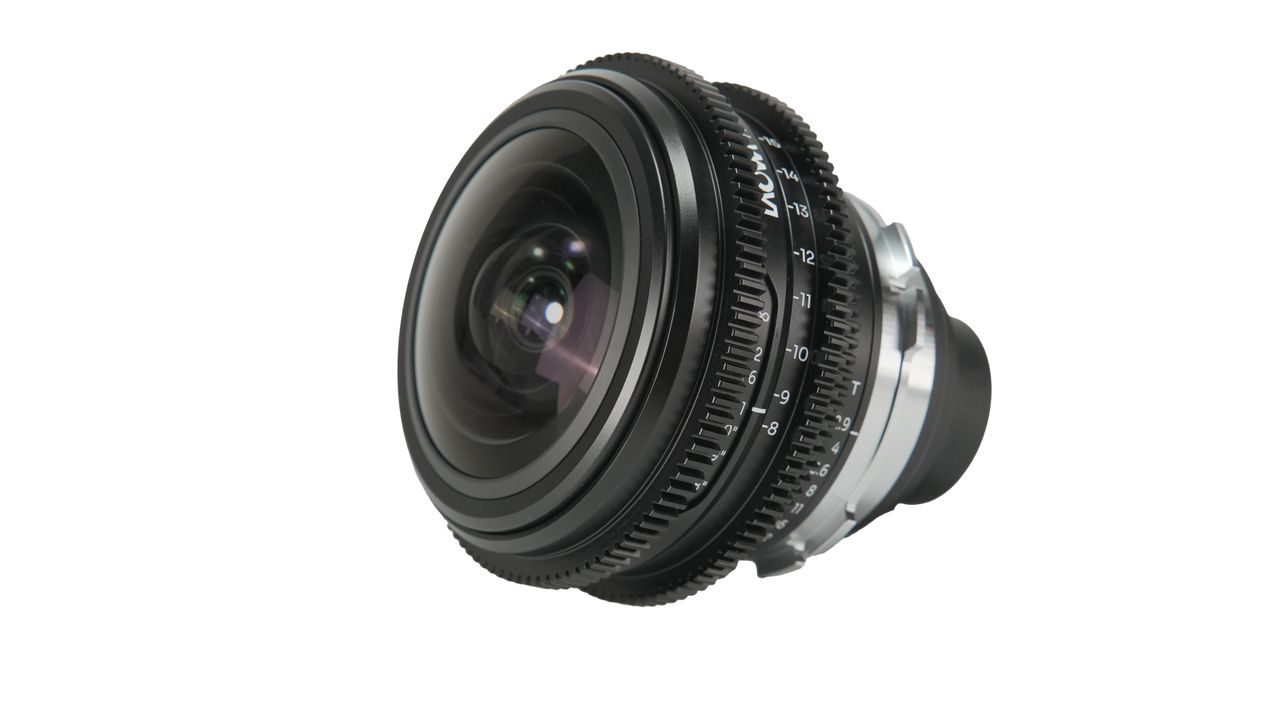 The Laowa 8-15 T/2.9 fisheye cinema lens on a white background