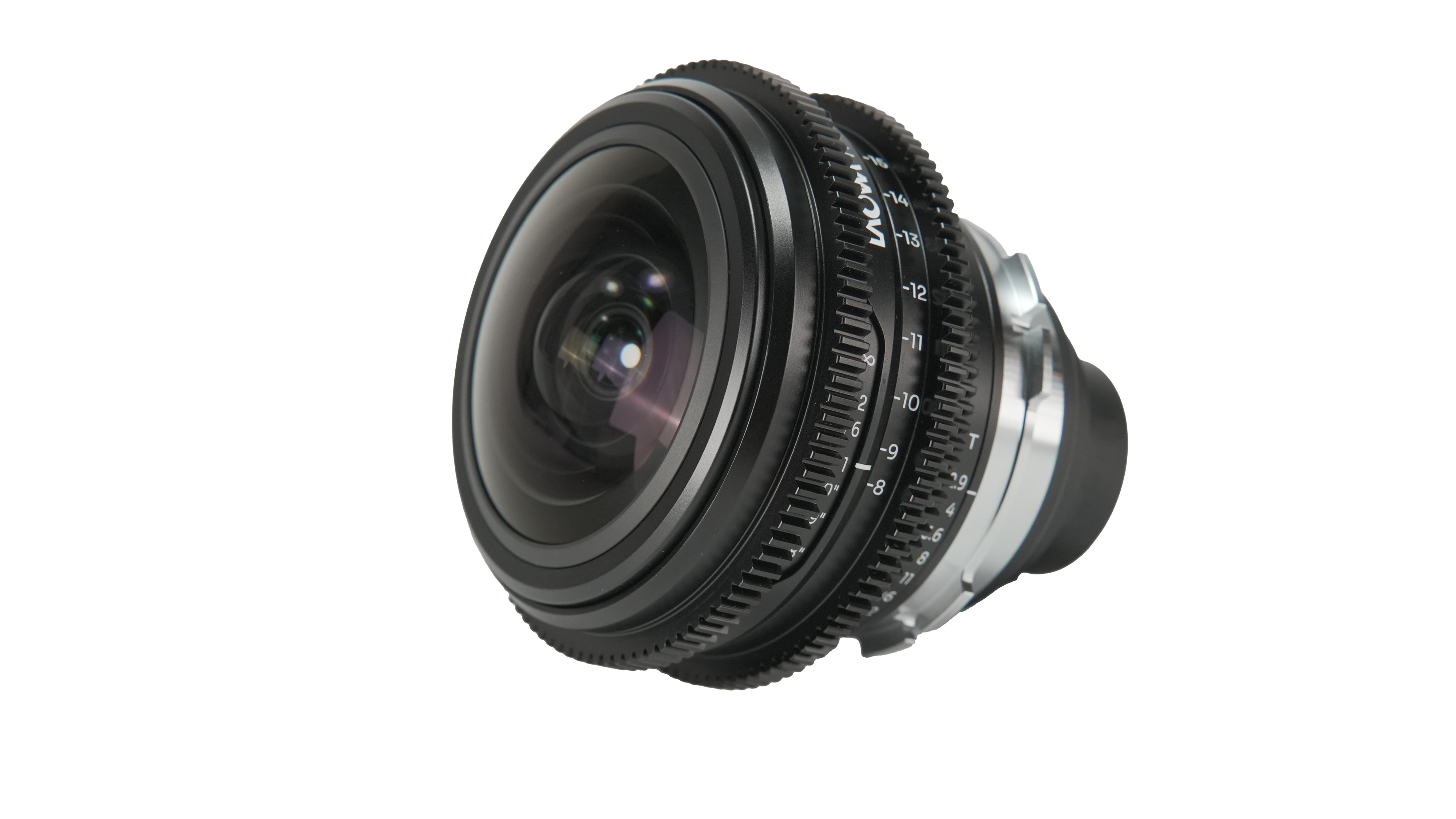 The Laowa 8-15 T/2.9 fisheye cinema lens on a white background