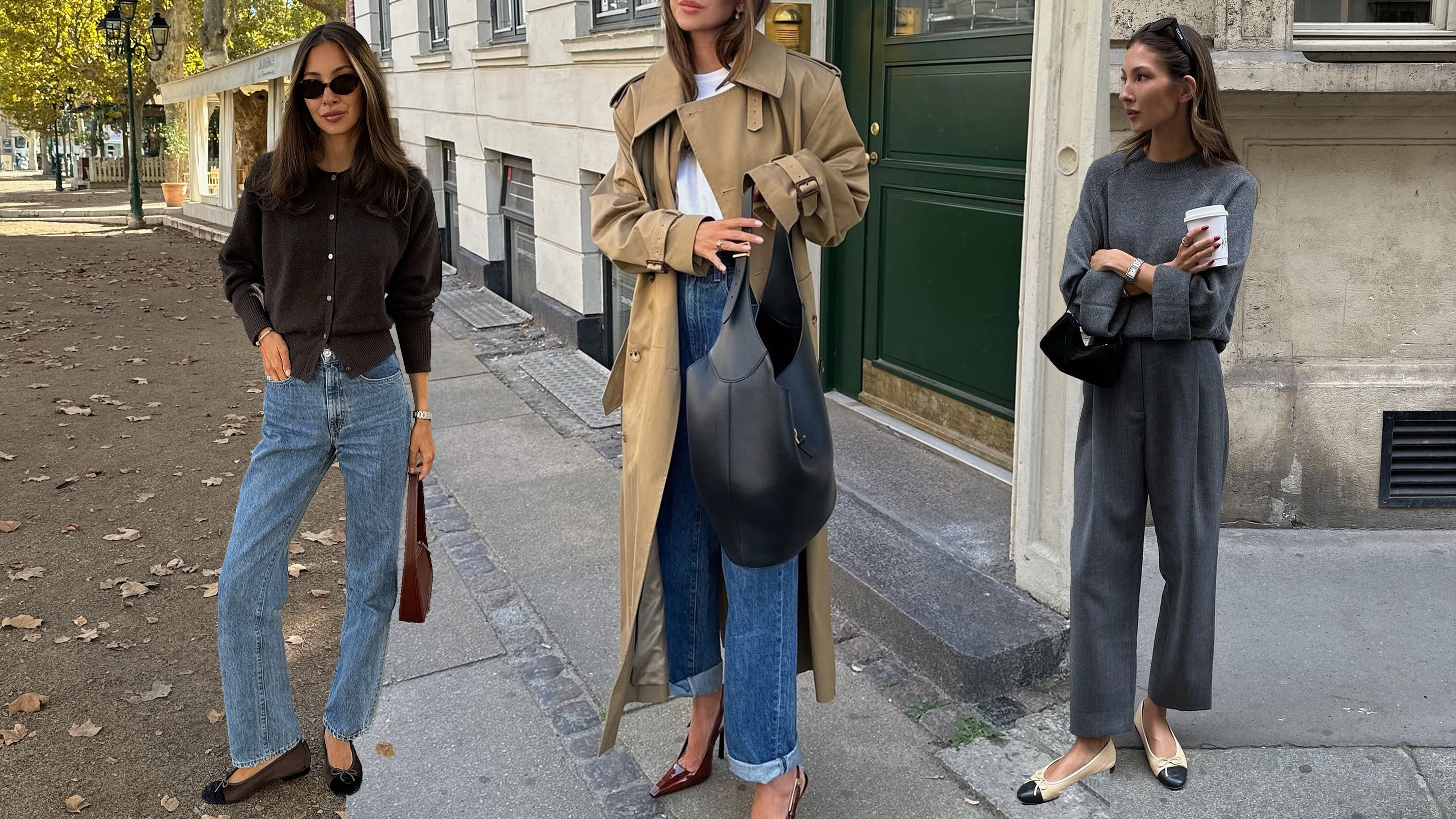 Influencer Felicia Akerstrom wears blue jeans and a brown cardigan. She also sports a white tee and cuffed jeans with a trench coat over the look. Then she wears all grey trousers and a crewneck sweater ensemble. 