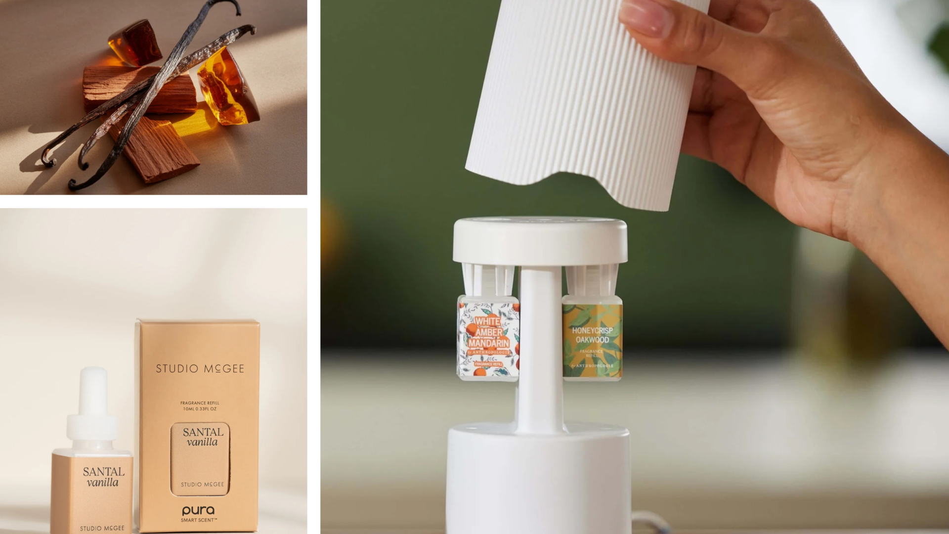 A pura diffuser with the cap off, a scent insert, and a picture of vanilla in a collage.