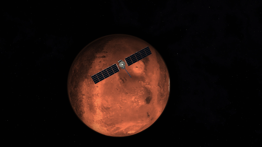 An illustration of Mars with a spacecraft that has two solar panel wings on either side in front of the planet.