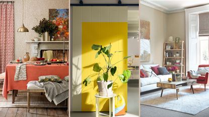 A collage of images of different rooms including a dining room, hallway and living room to support interior design tips to help seasonal affective disorder