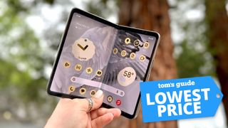 Google pixel fold in front of tree with a lowest price deal tag