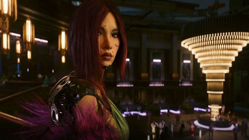 Songbird in Cyberpunk 2077 Phantom Liberty looking over her right shoulder towards the camera in a nightclub.