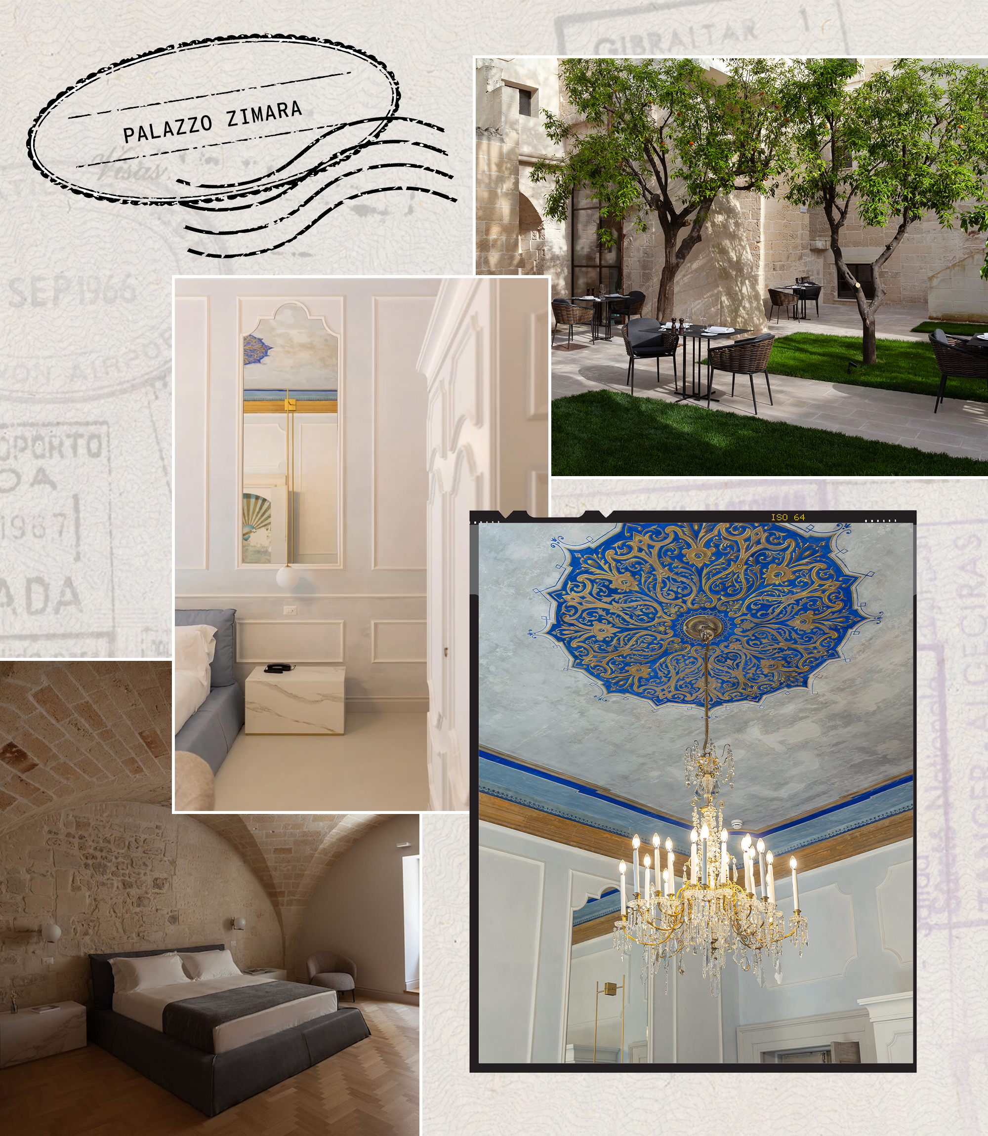 a collage of four images of Palazzo Zimara in Italy