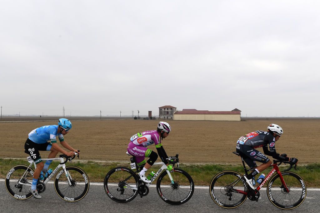 MILAN ITALY MARCH 16 LR Daniel Viegas of Portugal and EoloKometa Cycling Team Martin Marcellusi of Italy and Team Bardiani Csf Faizane and Juan Diego Alba Bolivar of Colombia and Team Drone Hopper Androni Giocattoli Sidermec compete in the breakaway during the 103rd MilanoTorino 2022 a 197km one day race from Magenta to Rivoli MilanoTorino on March 16 2022 in Milan Italy Photo by Tim de WaeleGetty Images