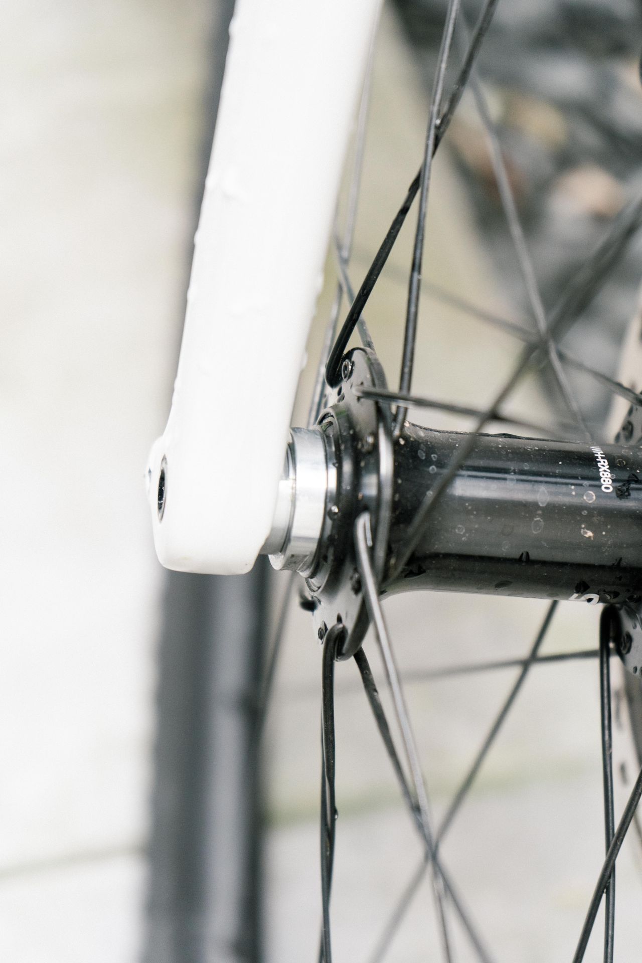 The front hub of a gravel bike wheel