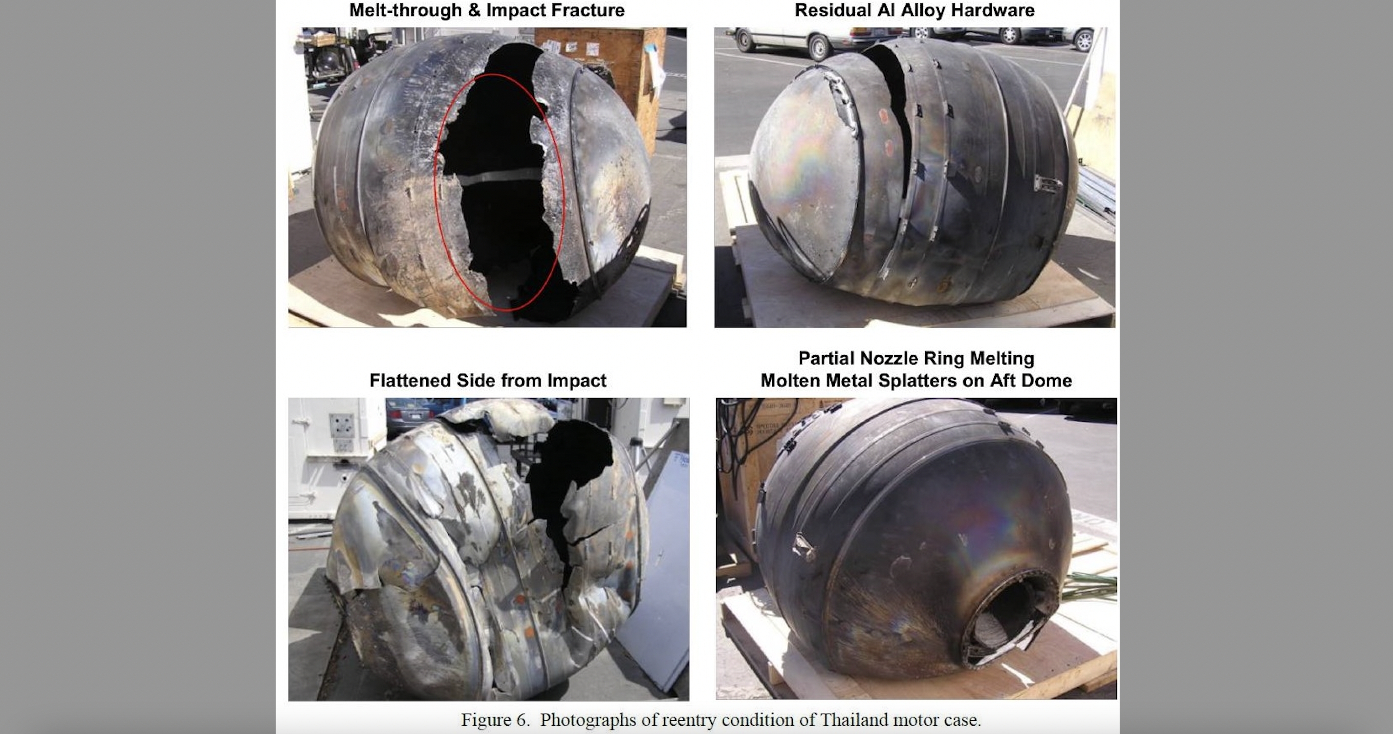 A rocket motor case recovered in Thailand after it fell uncontrolled to Earth.