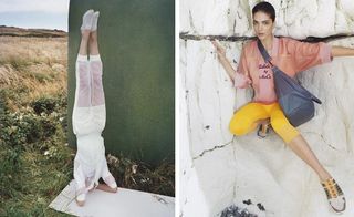 Models wearing Adidas range. The model on the left is standing on her head dressed in white. The model on the right is wearing yellow and peach active wear with a denim bag