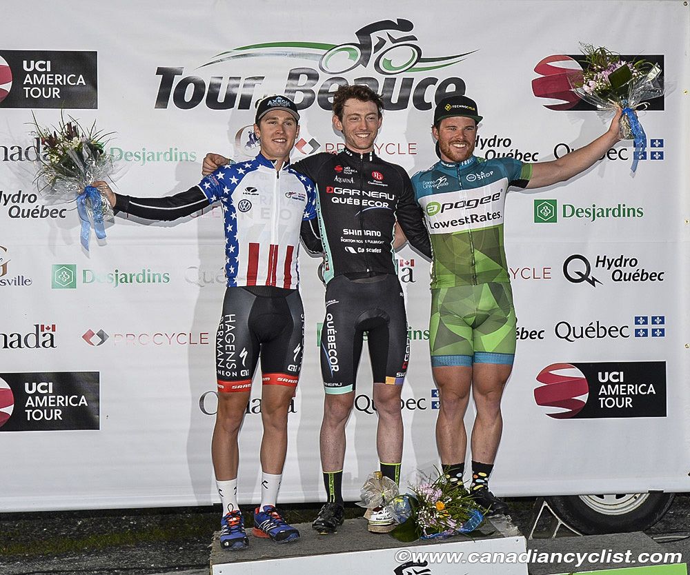 vPodium for stage 3b at Tour de Beauce: Gregory Daniel (from left), Michael Rice, Isaac Leblanc