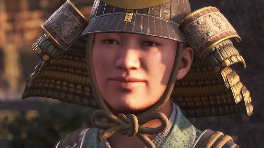 Assassin&#039;s Creed Shadows romance options - A close-up shot of Hori Hidemasa smiling, wearing his samurai armour and helmet.