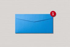 Blue Envelope With Notification Red Dot on Beige Paper Background Front View.
