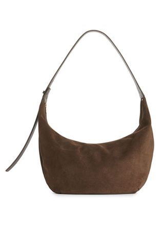 brown suede large shoulder bag in crescent shape