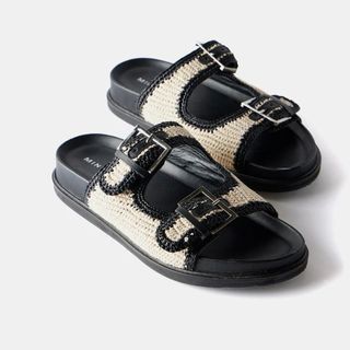 Black Leather Raffia Sandals 