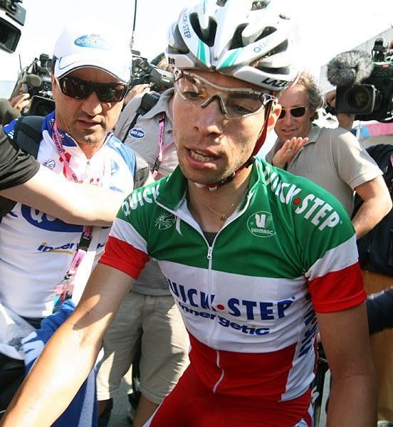 Giovanni Visconti (Quick Step) at the finish line where he was to hear the news that he had enough time to take the race leader's maglia rosa.
