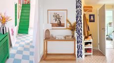 Outdated entryway trends are so unchic. Here are three entryways, one of a pink entryway with colorful stairs, one of a white entryway with a wooden console table, and one of a colorful entryway
