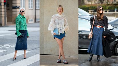 A composite of street style influencers showing denim skirt outfit ideas