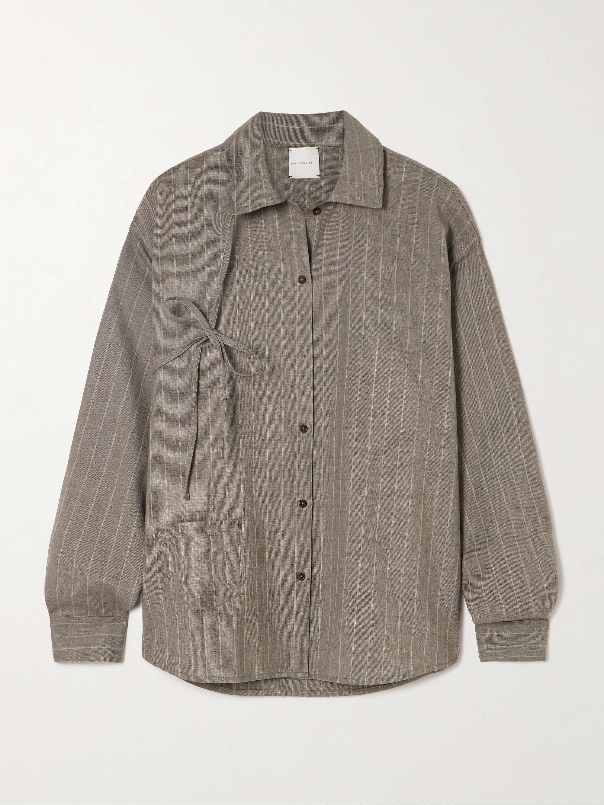 Bow-Detailed Striped Wool, Linen and Lyocell-Blend Shirt