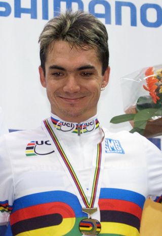 Robert Sassone in the rainbow jersey after winning the Madison at the 2001 Worlds in Stuttgart.