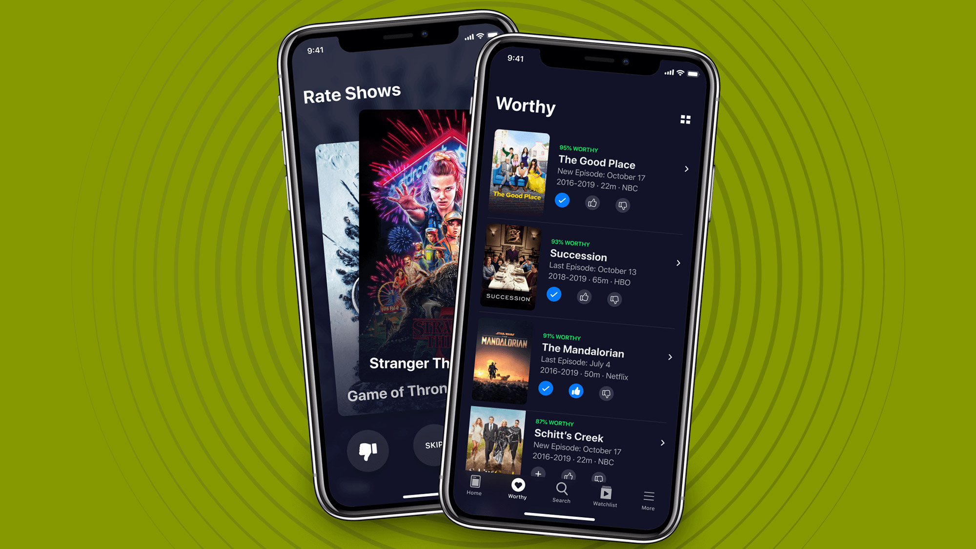 Dos iPhone con la aplicación Watchworthy en las pantallas de inicio
