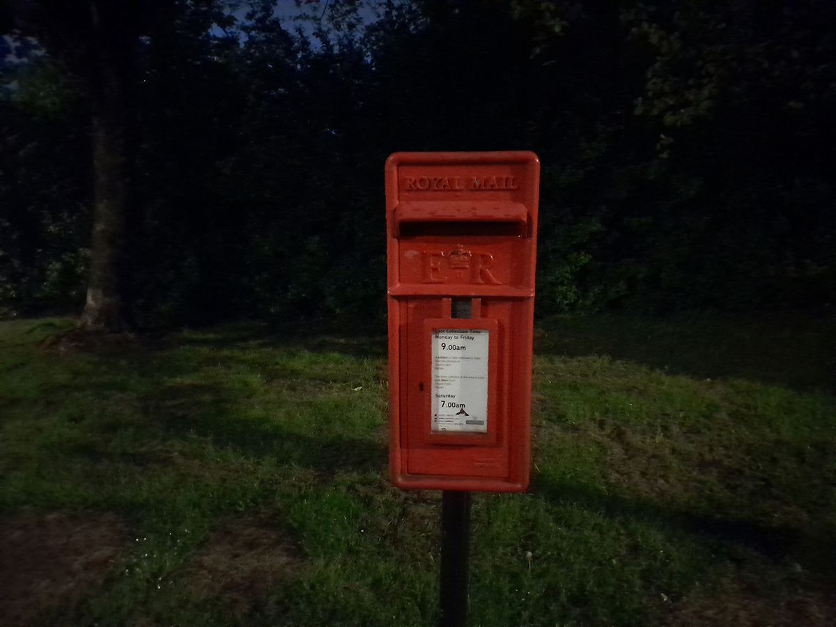 Samsung Galaxy A13 camera sample showing a post box at night