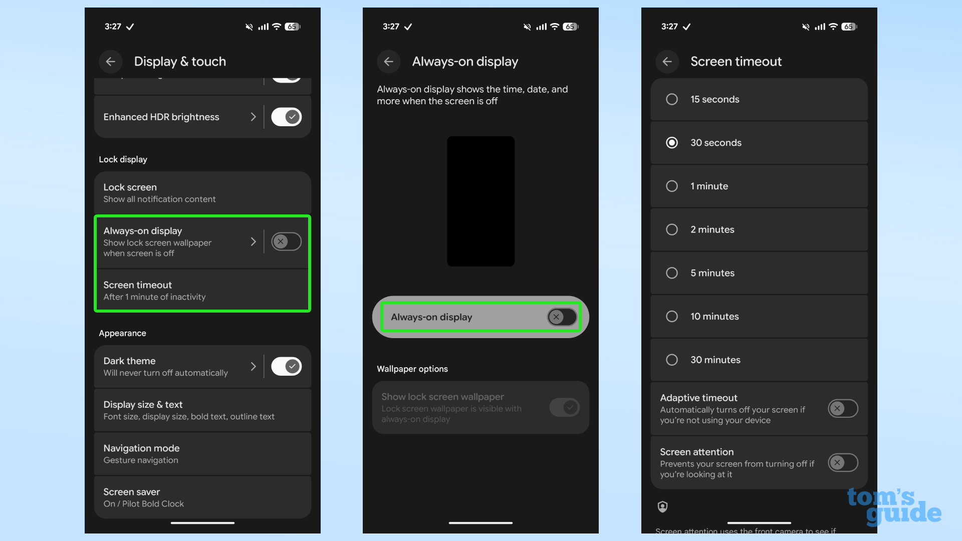 Screenshots showing how to disable a Google Pixel's always-on display