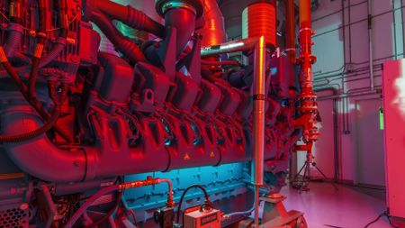 A diesel electric generator in the power supply room of a data center.