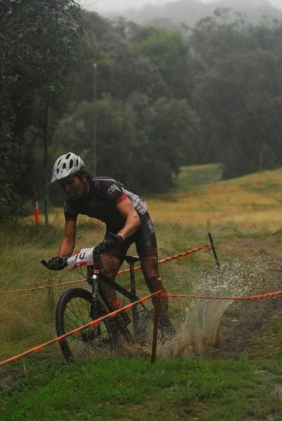 Aiden Lefmann causing a splash on one of the sodden trails