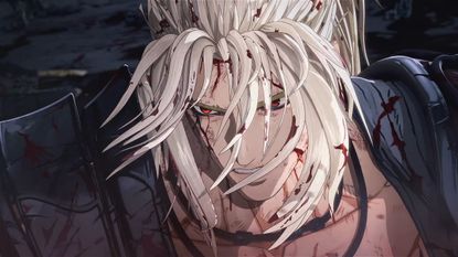 Khazan protagonist with blood and hair stuck to his face