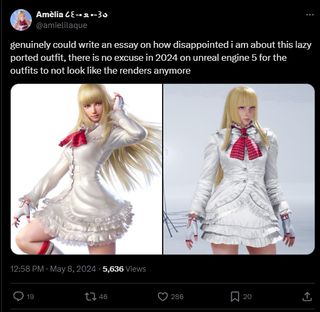 A tweet from @amielilaque. It reads "genuinely could write an essay on how disappointed i am about this lazy ported outfit, there is no excuse in 2024 on unreal engine 5 for the outfits to not look like the renders anymore"