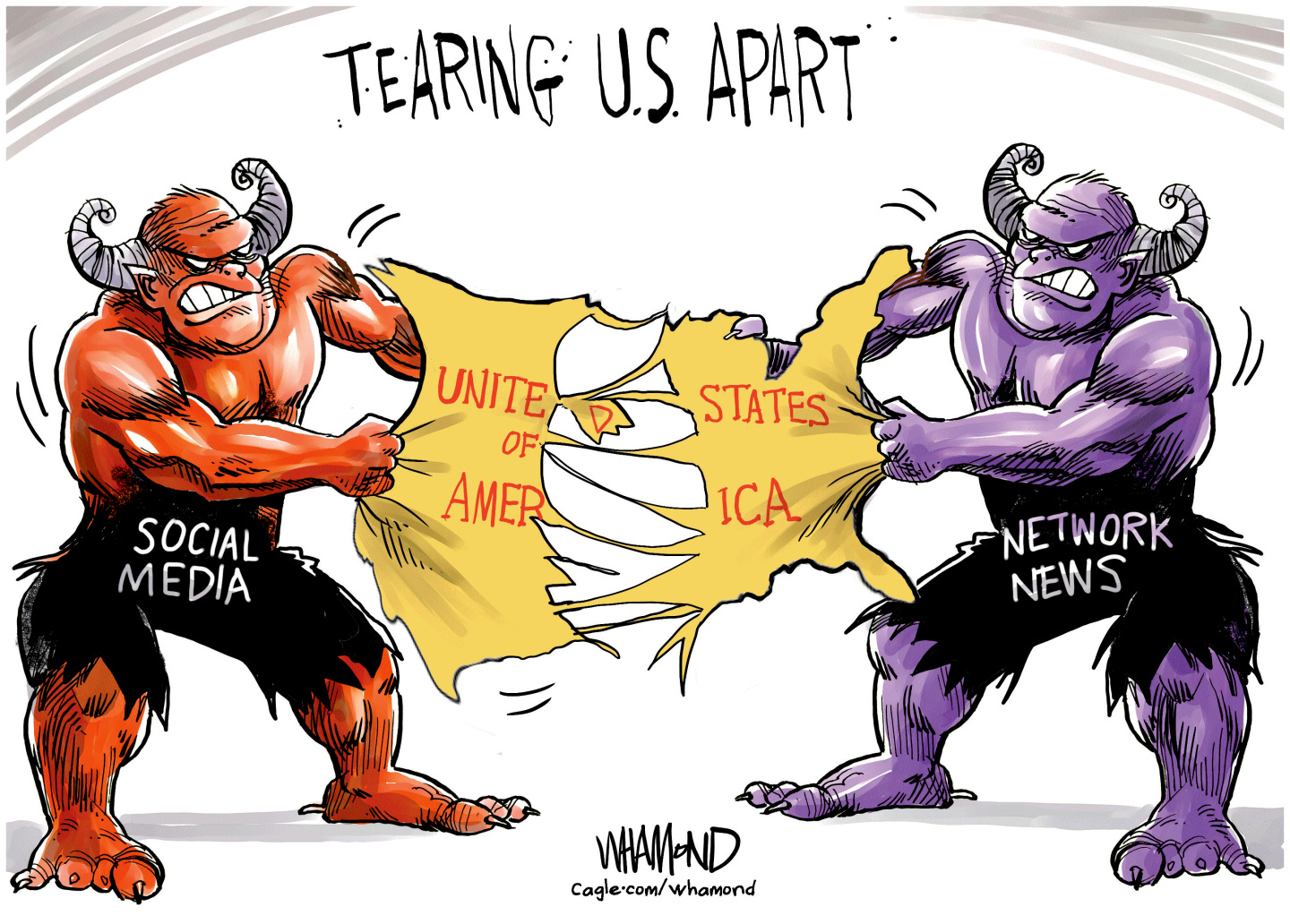 This cartoon is titled &amp;ldquo;Tearing U.S. Apart.&amp;rdquo; Two demons play a tug-of-war by pulling apart a map of the United States. The demon on the left is labeled &amp;ldquo;Social Media.&amp;rdquo; The one on the right is &amp;ldquo;Network news.&amp;rdquo;